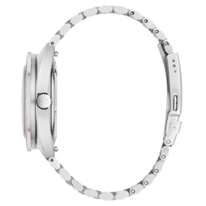 Bulova-Uhr, silbernes Armband, Detailaufnahme, Seitenansicht, elegantes Design, Accessoire