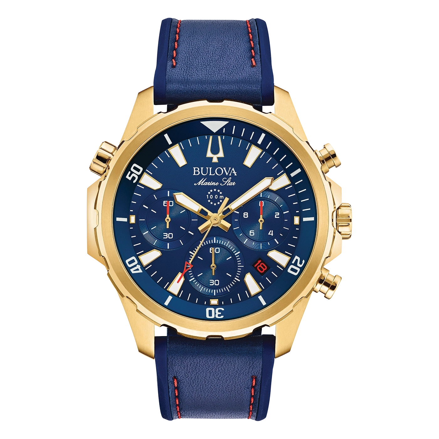 Goldene Bulova Marine Star Uhr mit blauem Zifferblatt und Armband.