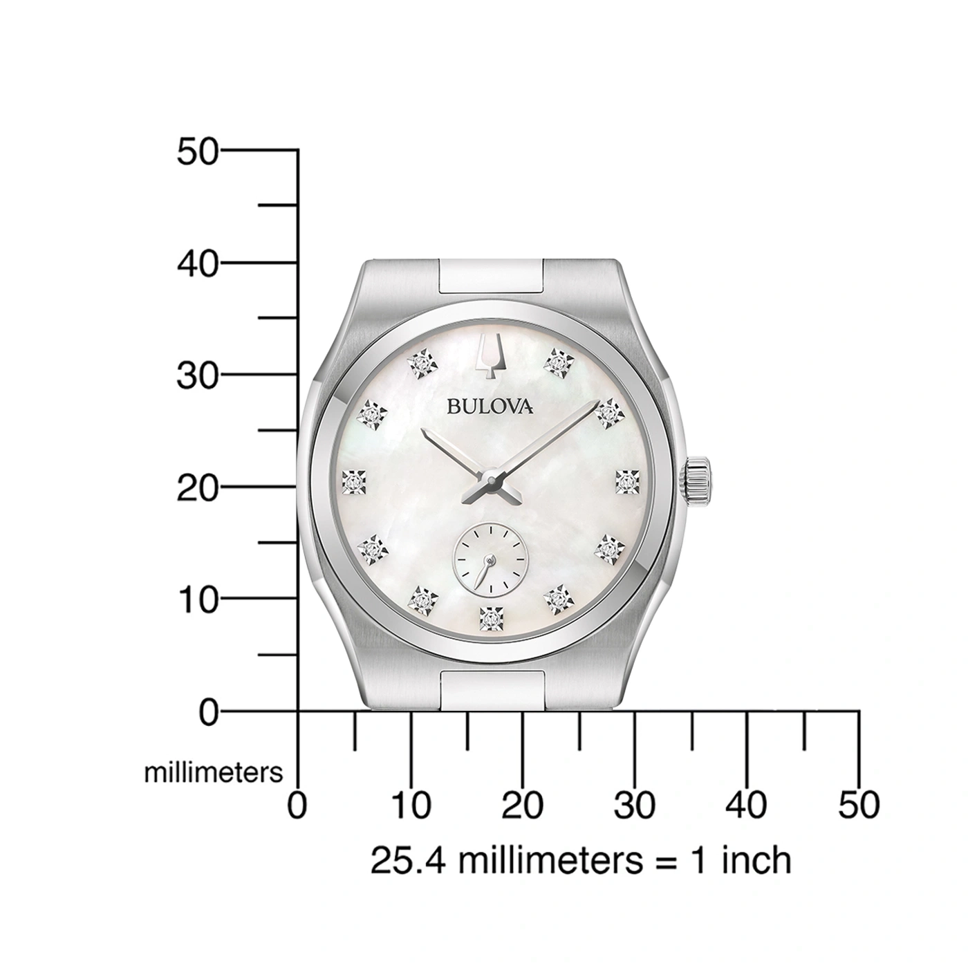Bulova-Uhr mit Perlmutt-Zifferblatt und Diamanten, Millimeter-Skala.