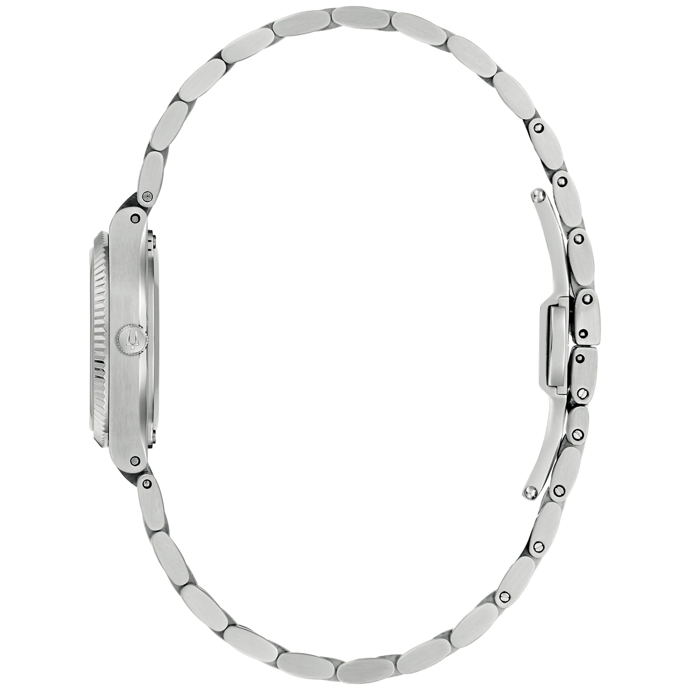 Eine silberne Armbanduhr mit einem Gliederarmband, von der Seite gesehen.