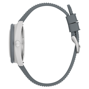 Graue Uhr mit weißem Zifferblatt und grauen Armband, Bulova-Logo.