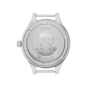 Rückseite einer Bulova-Uhr mit Gravur, Edelstahl, Prototyp 1957, wasserdicht.
