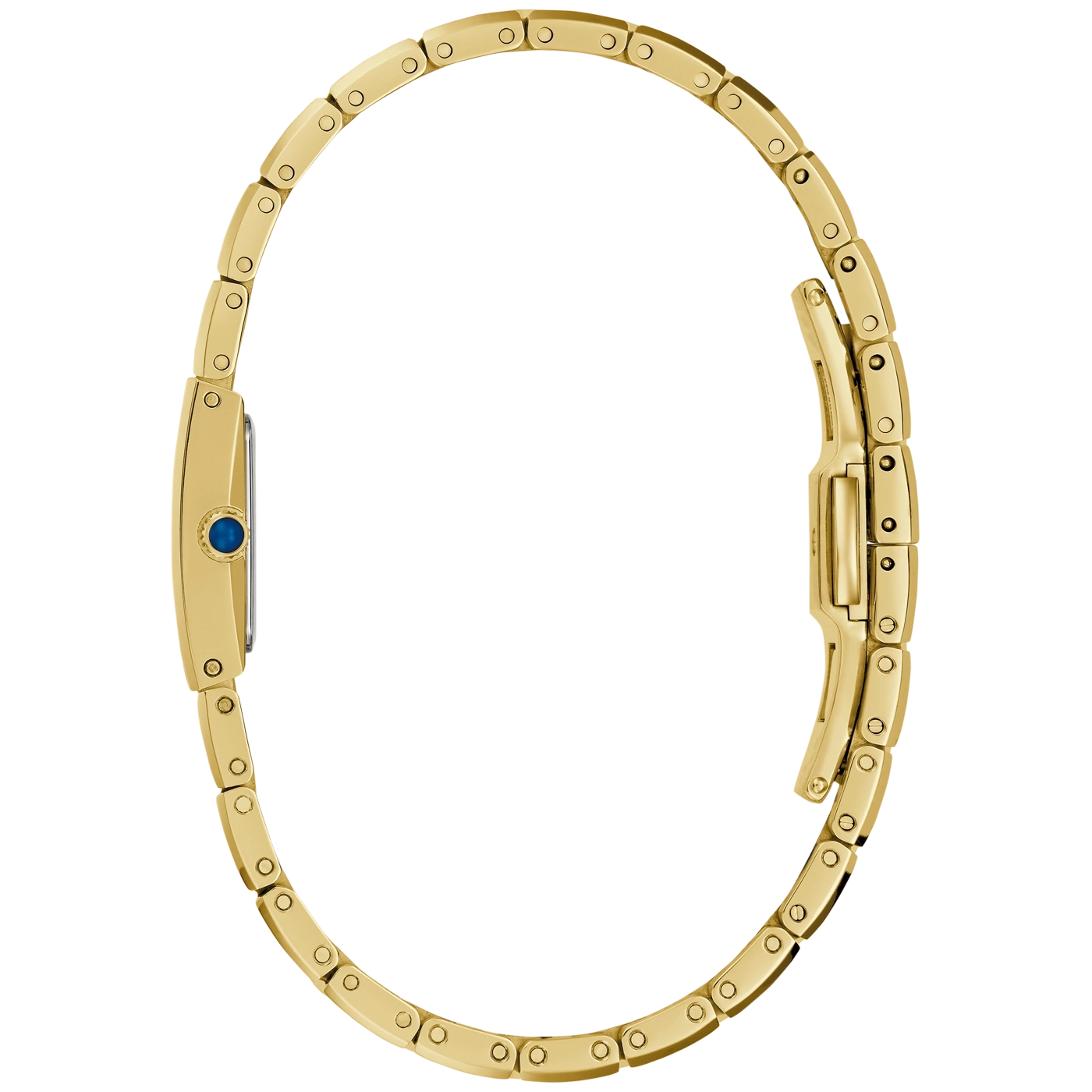 Eine goldene Damenuhr mit einem blauen Stein im Profil auf weißem Hintergrund