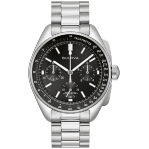 Bulova-Uhr mit schwarzem Zifferblatt und Tachymeter-Funktion, Edelstahlarmband.